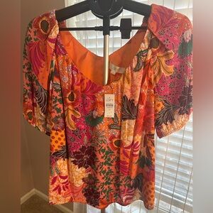 LOFT Women's Vibrant Floral Blouse - Orange and Pink
